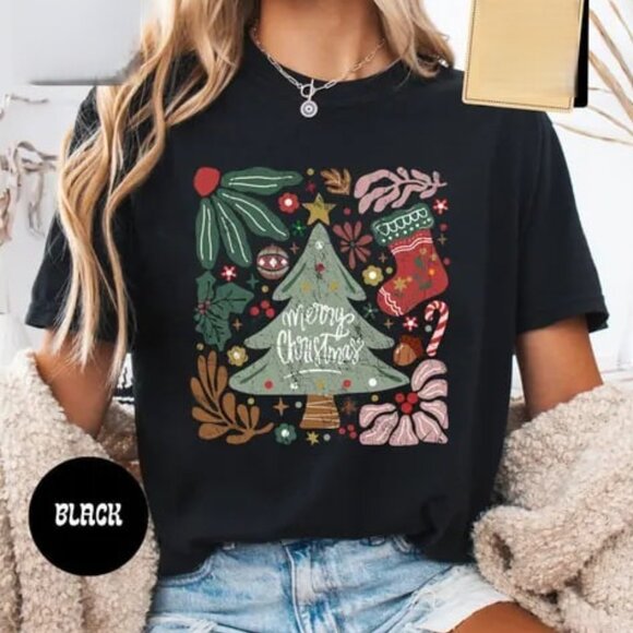 Tops - Boho Floral Christmas Tree Shirt, Graphic Christmas Shirt, Cozy Winter Shirt